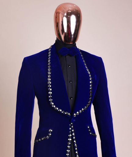 An Admiral Blue velvet shawl lapel tuxedo suit, laced with jet hematite Swarovski stones