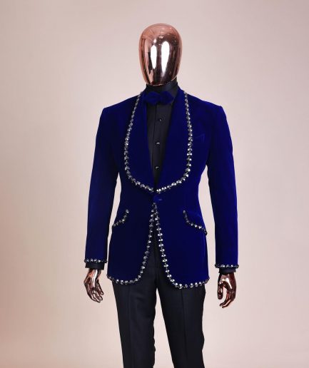 An Admiral Blue velvet shawl lapel tuxedo suit, laced with jet hematite Swarovski stones