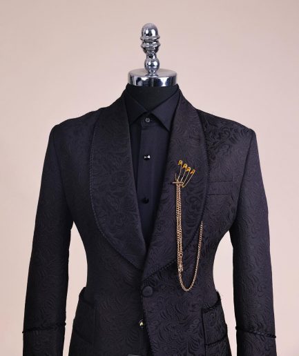A Charcoal Black, Floral Patterned Shawl Lapel, Knitted, Single Button Smoking Tuxedo Suit