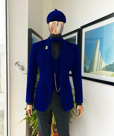 An Azure Blue, Soaked Velvet Fabric, Knitted, Shawl Lapel Tuxedo Suit