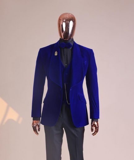 An Azure Blue, Soaked Velvet Fabric, Knitted, Shawl Lapel Tuxedo Suit