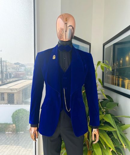 An Azure Blue, Soaked Velvet Fabric, Knitted, Shawl Lapel Tuxedo Suit