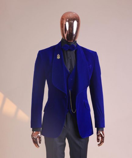 An Azure Blue, Soaked Velvet Fabric, Knitted, Shawl Lapel Tuxedo Suit