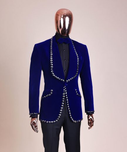 An Admiral Blue velvet shawl lapel tuxedo suit, laced with jet hematite Swarovski stones