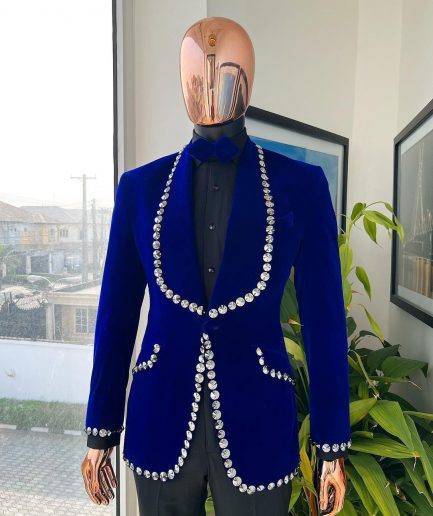An Admiral Blue velvet shawl lapel tuxedo suit, laced with jet hematite Swarovski stones