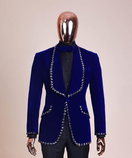 An Admiral Blue velvet shawl lapel tuxedo suit, laced with jet hematite Swarovski stones