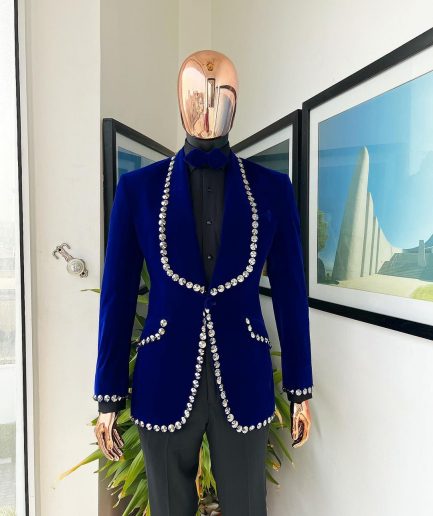 An Admiral Blue velvet shawl lapel tuxedo suit, laced with jet hematite Swarovski stones