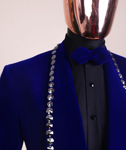 An Admiral Blue velvet shawl lapel tuxedo suit, laced with jet hematite Swarovski stones