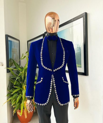 An Admiral Blue velvet shawl lapel tuxedo suit, laced with jet hematite Swarovski stones