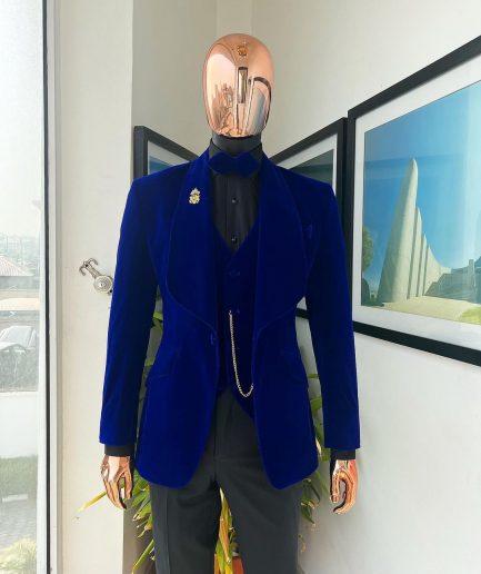 An Azure Blue, Soaked Velvet Fabric, Knitted, Shawl Lapel Tuxedo Suit