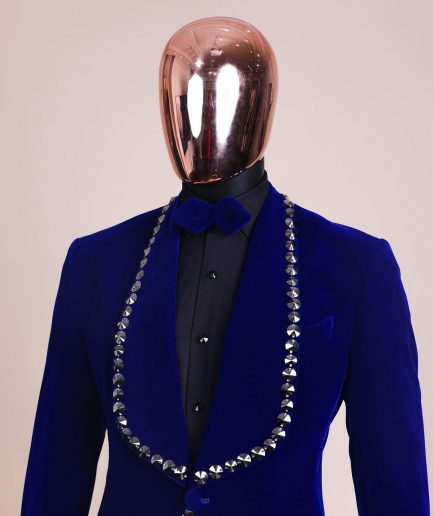 An Admiral Blue velvet shawl lapel tuxedo suit, laced with jet hematite Swarovski stones