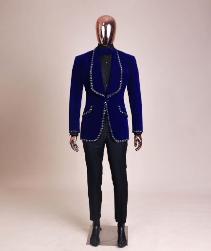 An Admiral Blue velvet shawl lapel tuxedo suit, laced with jet hematite Swarovski stones
