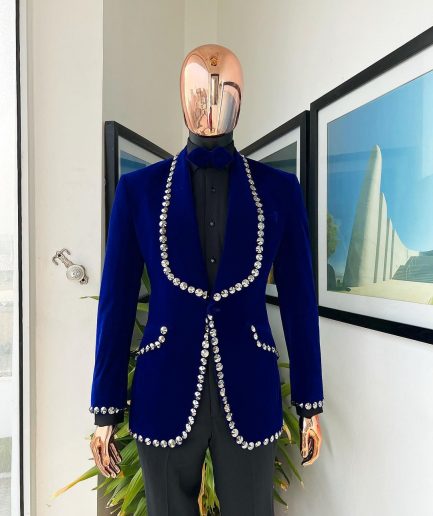 An Admiral Blue velvet shawl lapel tuxedo suit, laced with jet hematite Swarovski stones