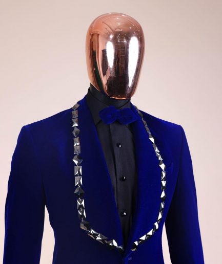 An Admiral Blue velvet shawl lapel tuxedo suit, laced with jet hematite Swarovski stones