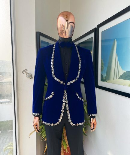 An Admiral Blue velvet shawl lapel tuxedo suit, laced with jet hematite Swarovski stones