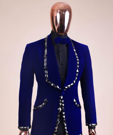 An Admiral Blue velvet shawl lapel tuxedo suit, laced with jet hematite Swarovski stones