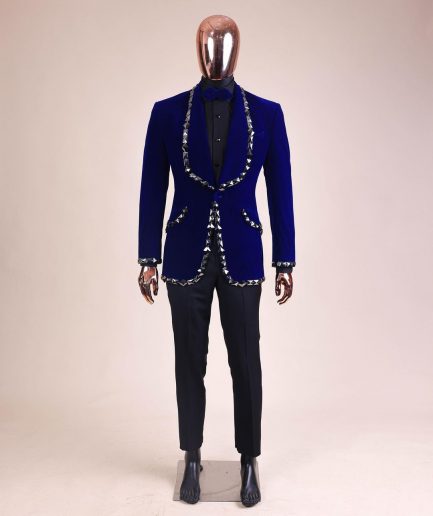 An Admiral Blue velvet shawl lapel tuxedo suit, laced with jet hematite Swarovski stones
