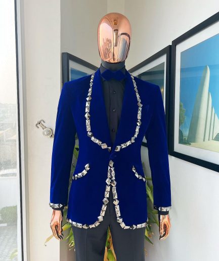 An Admiral Blue velvet shawl lapel tuxedo suit, laced with jet hematite Swarovski stones