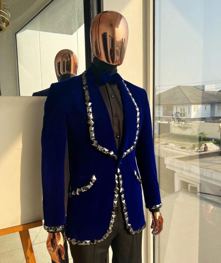 An Admiral Blue velvet shawl lapel tuxedo suit, laced with jet hematite Swarovski stones