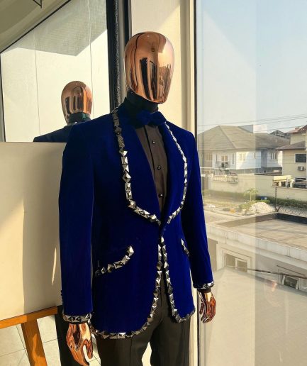 An Admiral Blue velvet shawl lapel tuxedo suit, laced with jet hematite Swarovski stones