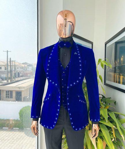 An Admiral Blue velvet shawl lapel tuxedo suit, laced with navy blue and silver ss20 Swarovski stones