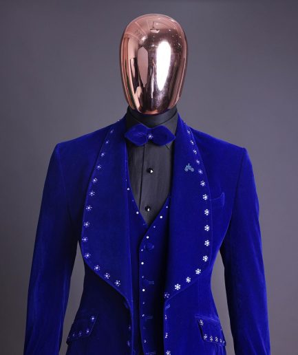 An Admiral Blue velvet shawl lapel tuxedo suit, laced with navy blue and silver ss20 Swarovski stones