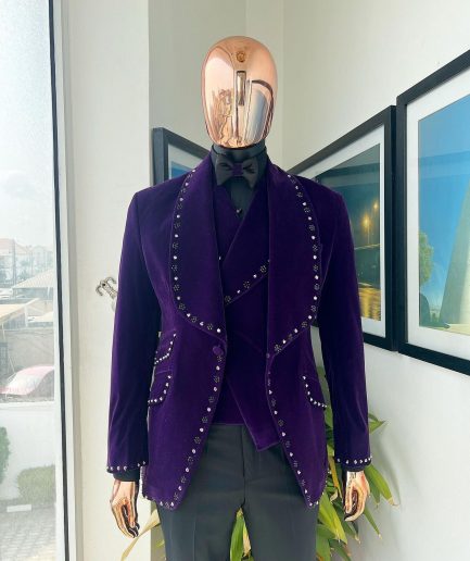 An Egg Plant Purple Velvet Shawl Lapel Tuxedo Suit