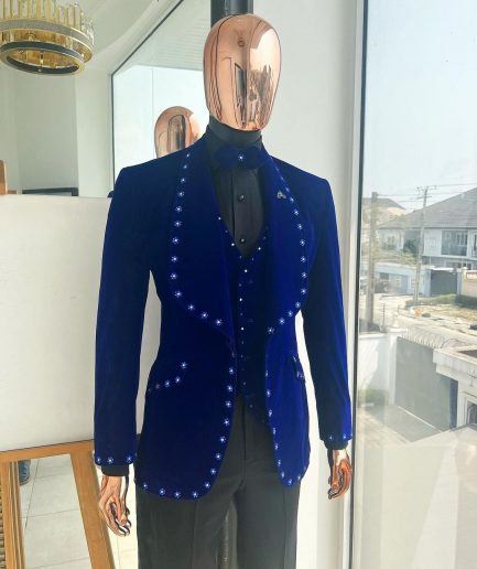 An Admiral Blue velvet shawl lapel tuxedo suit, laced with navy blue and silver ss20 Swarovski stones