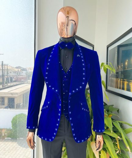 An Admiral Blue velvet shawl lapel tuxedo suit, laced with navy blue and silver ss20 Swarovski stones