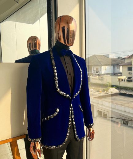 An Admiral Blue velvet shawl lapel tuxedo suit, laced with jet hematite Swarovski stones