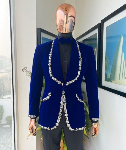 An Admiral Blue velvet shawl lapel tuxedo suit, laced with jet hematite Swarovski stones