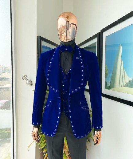 An Admiral Blue velvet shawl lapel tuxedo suit, laced with navy blue and silver ss20 Swarovski stones