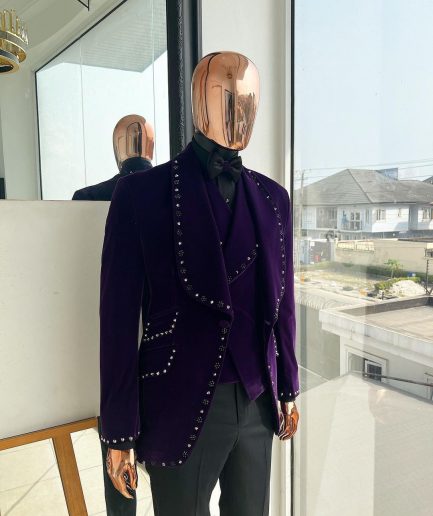 An Egg Plant Purple Velvet Shawl Lapel Tuxedo Suit