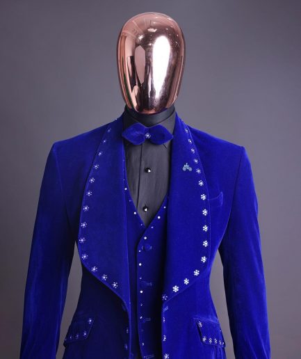 An Admiral Blue velvet shawl lapel tuxedo suit, laced with navy blue and silver ss20 Swarovski stones