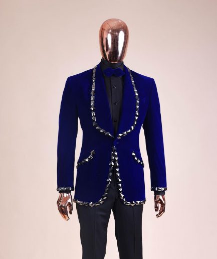 An Admiral Blue velvet shawl lapel tuxedo suit, laced with jet hematite Swarovski stones