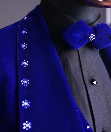 An Admiral Blue velvet shawl lapel tuxedo suit, laced with navy blue and silver ss20 Swarovski stones