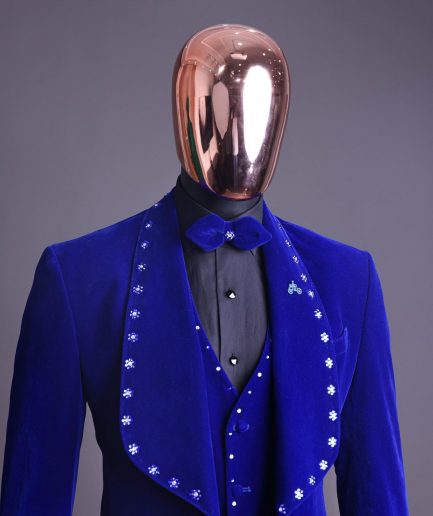 An Admiral Blue velvet shawl lapel tuxedo suit, laced with navy blue and silver ss20 Swarovski stones