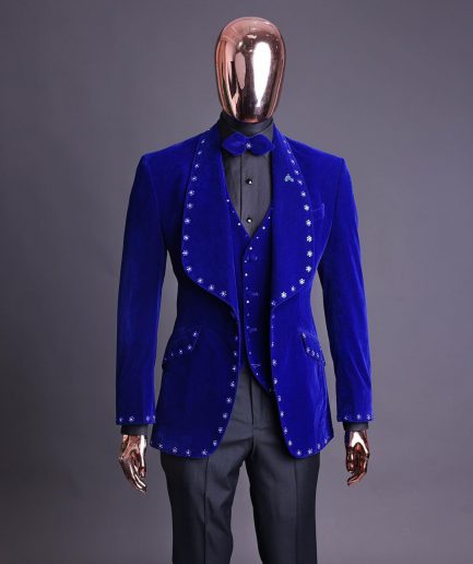 An Admiral Blue velvet shawl lapel tuxedo suit, laced with navy blue and silver ss20 Swarovski stones