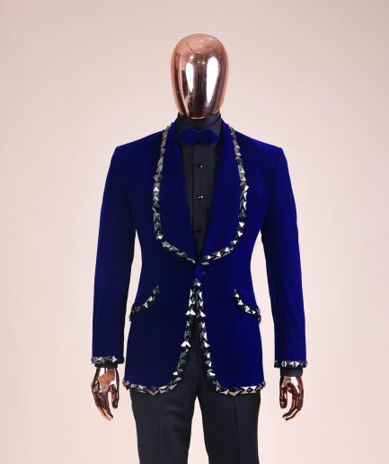 An Admiral Blue velvet shawl lapel tuxedo suit, laced with jet hematite Swarovski stones