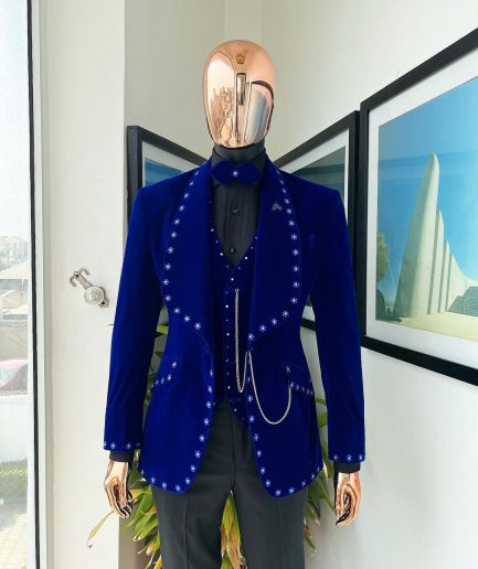 An Admiral Blue velvet shawl lapel tuxedo suit, laced with navy blue and silver ss20 Swarovski stones