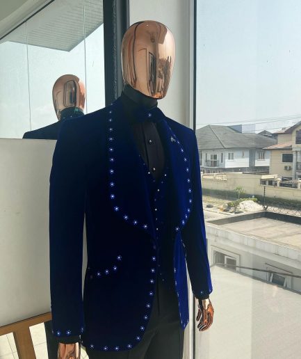 An Admiral Blue velvet shawl lapel tuxedo suit, laced with navy blue and silver ss20 Swarovski stones