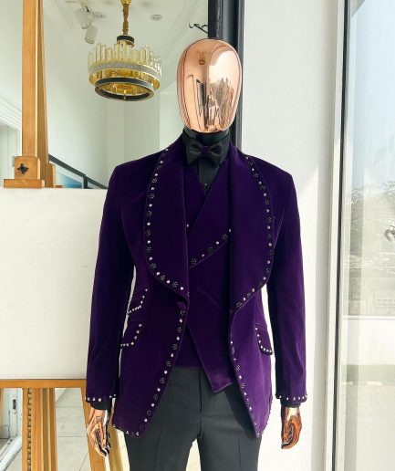 An Egg Plant Purple Velvet Shawl Lapel Tuxedo Suit