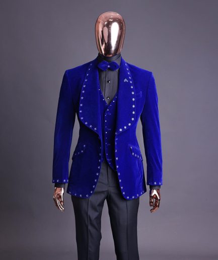 An Admiral Blue velvet shawl lapel tuxedo suit, laced with navy blue and silver ss20 Swarovski stones