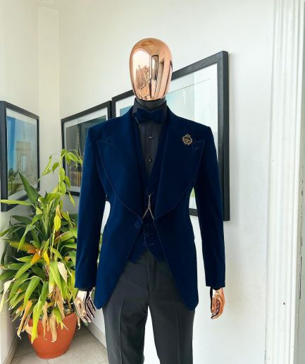 A Midnight Blue, soaked velvet fabric, knitted, wide peak lapel tuxedo suit