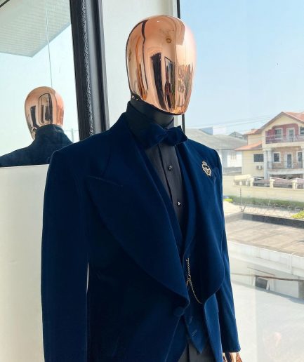 A Midnight Blue, soaked velvet fabric, knitted, wide peak lapel tuxedo suit