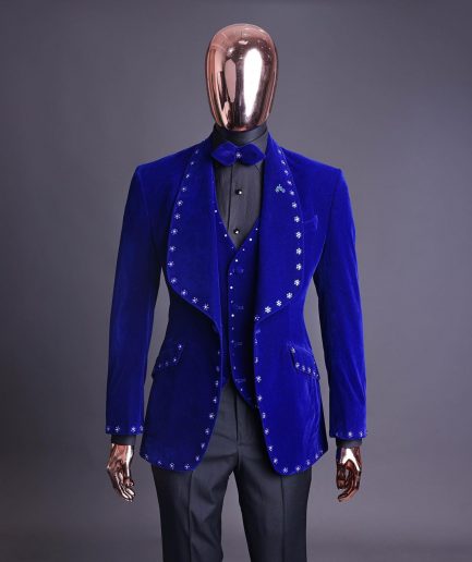 An Admiral Blue velvet shawl lapel tuxedo suit, laced with navy blue and silver ss20 Swarovski stones