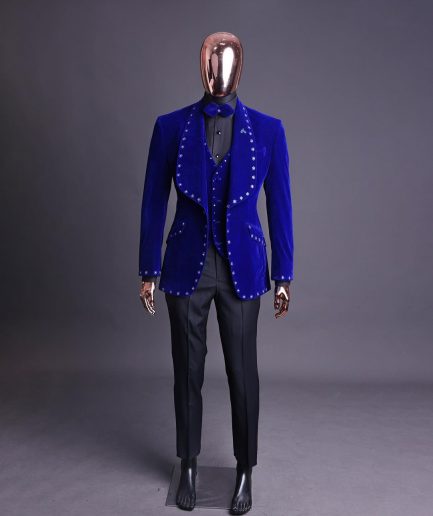 An Admiral Blue velvet shawl lapel tuxedo suit, laced with navy blue and silver ss20 Swarovski stones