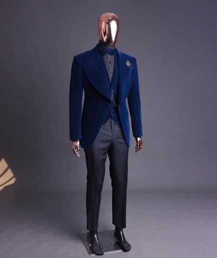 A Midnight Blue, soaked velvet fabric, knitted, wide peak lapel tuxedo suit