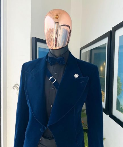 A Midnight Blue, Soaked Velvet Fabric, Knitted, Wide Peak Lapel Tuxedo Suit.