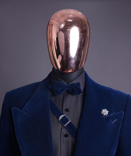 A Midnight Blue, Soaked Velvet Fabric, Knitted, Wide Peak Lapel Tuxedo Suit.